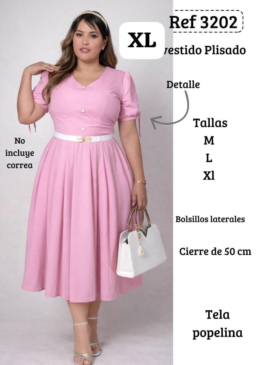 Vestido midi rosa plisado con botones y bolsillos