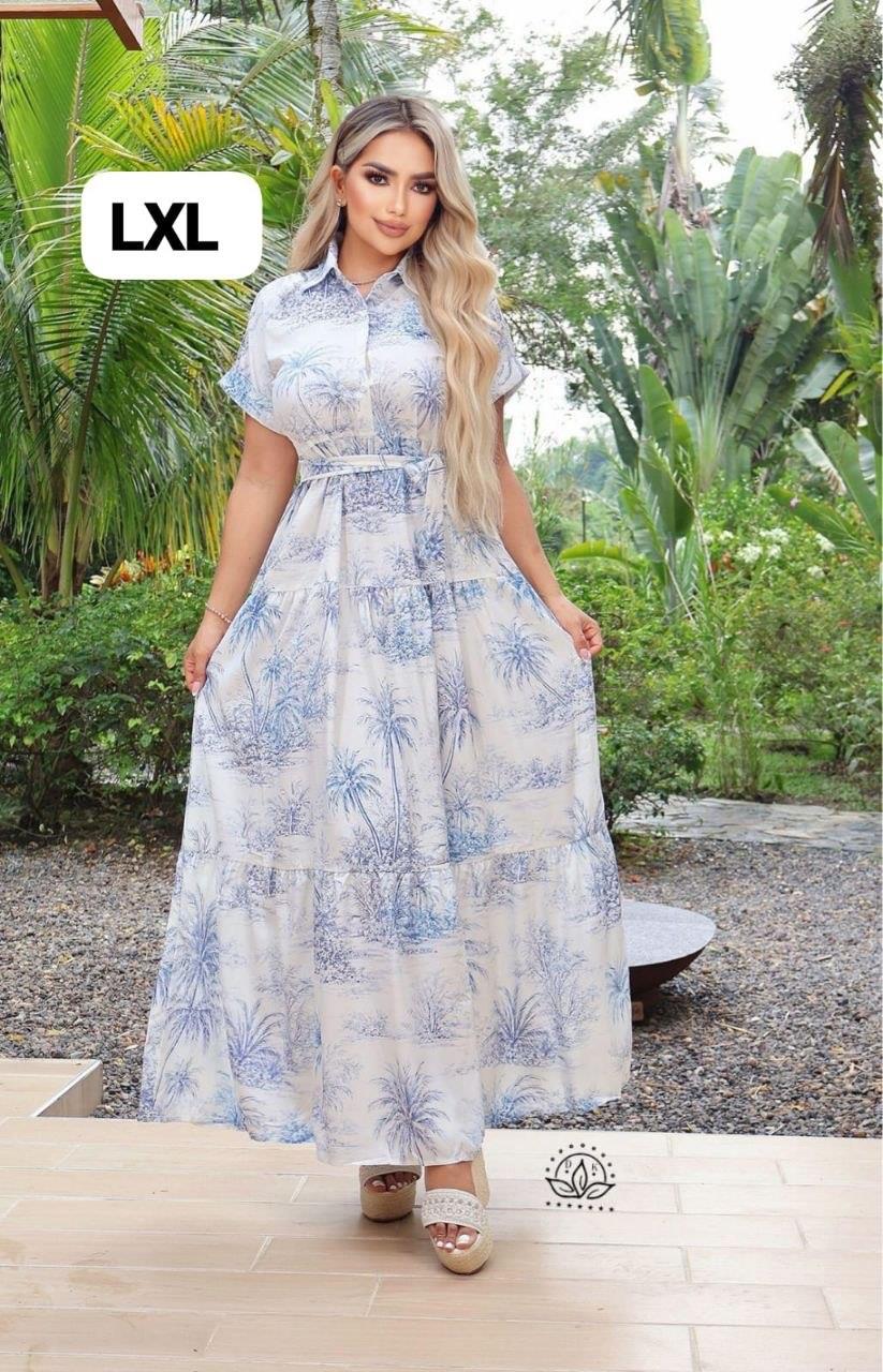 Vestido largo estampado toile de palmeras azul con cinturón