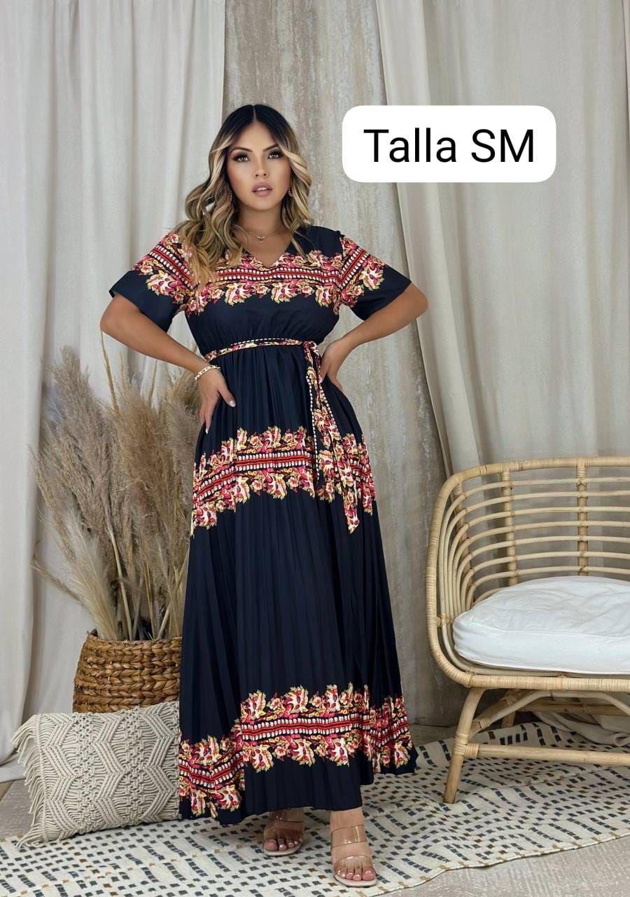 Vestido largo azul plisado estampado floral con cinturón
