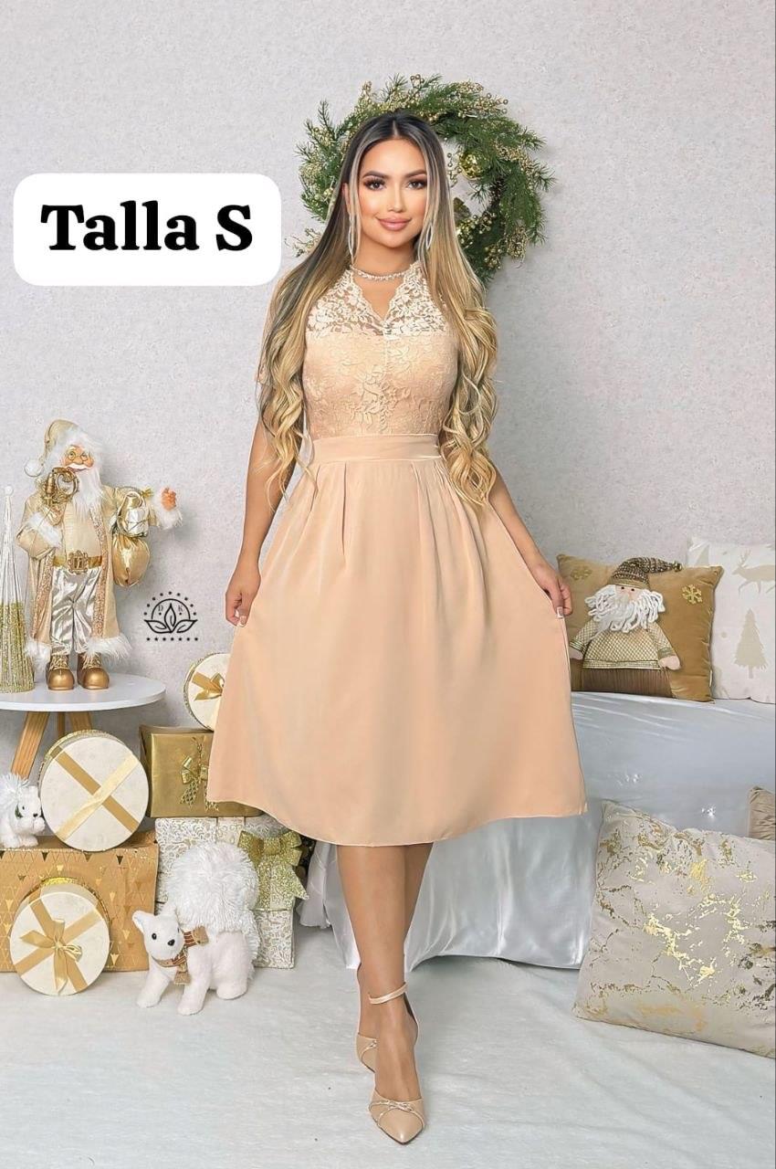 Vestido midi beige con encaje sin mangas