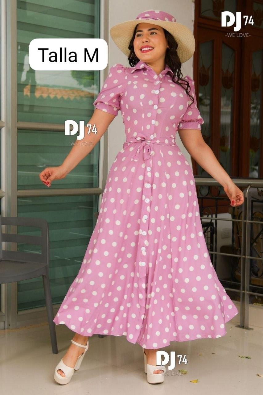 Vestido largo lila de lunares camisero con cinturón