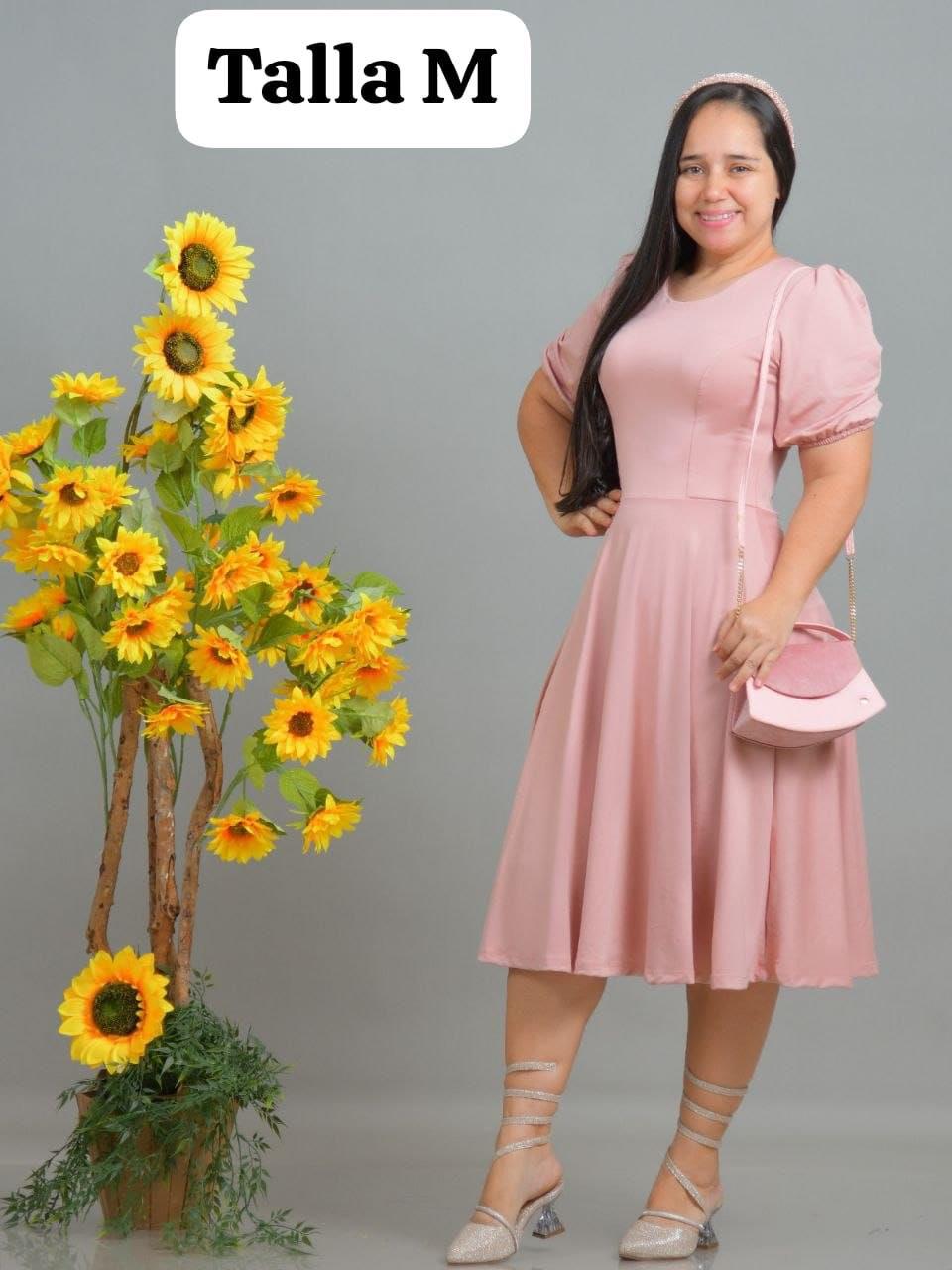 Vestido midi rosa palo manga abullonada