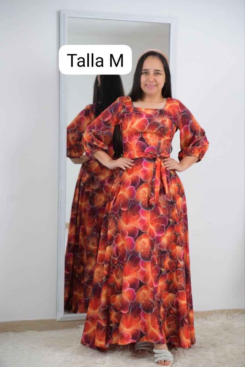 Vestido largo estampado floral naranja con cinturón