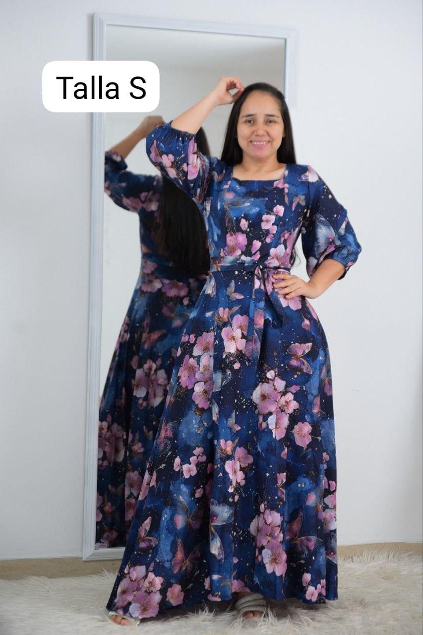 Vestido largo azul estampado floral con cinturón