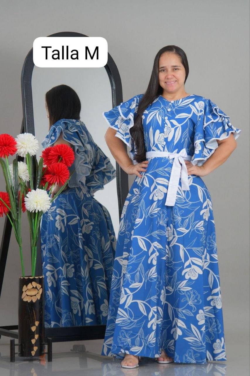 Vestido largo azul estampado floral con manga bolero