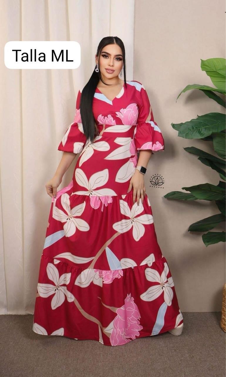 Vestido largo rojo estampado floral con boleros