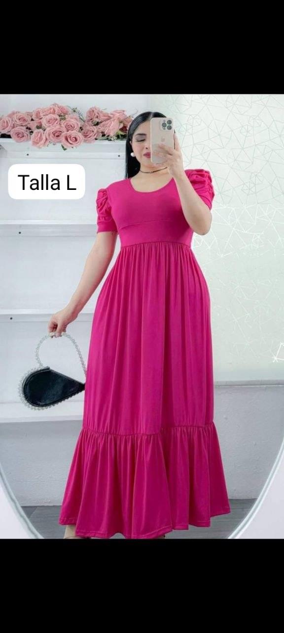 Vestido largo fucsia manga abullonada talle alto