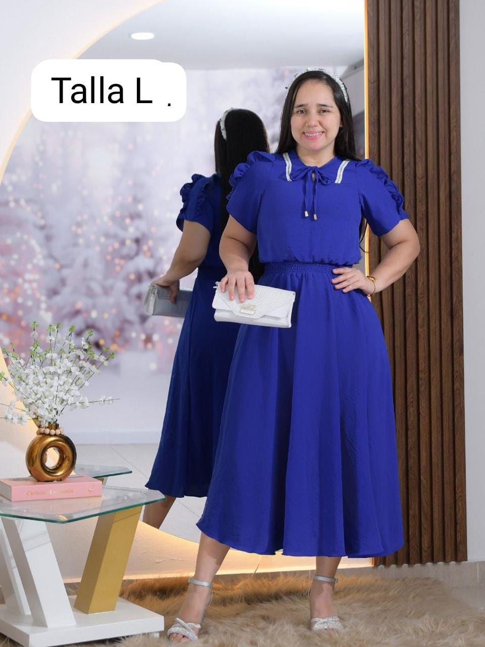 Vestido midi azul rey con cuello y moño