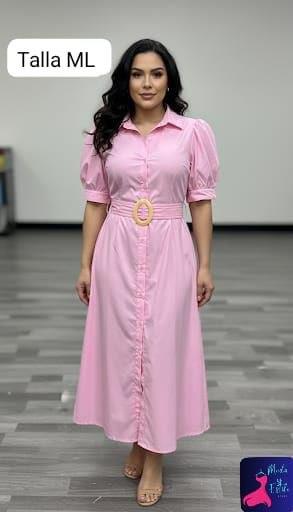 Vestido largo rosa camisero con cinturón