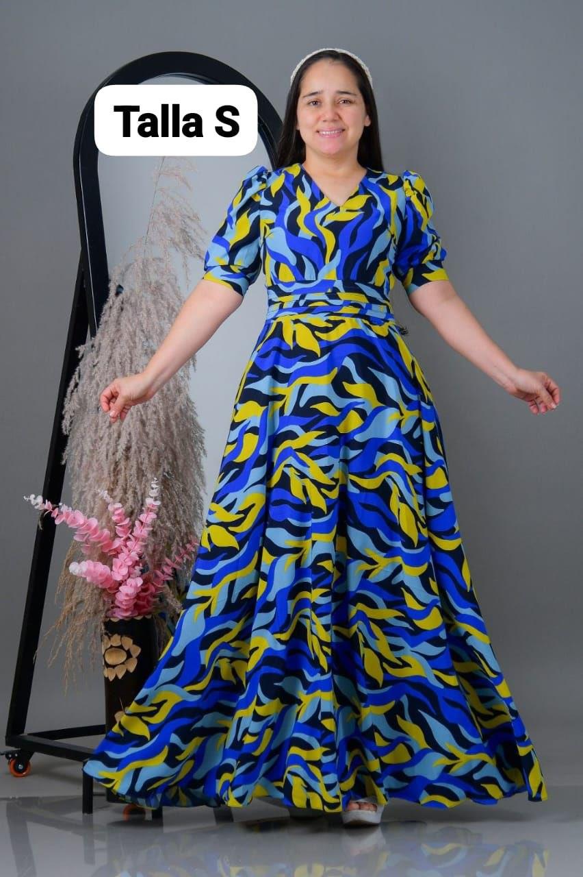 Vestido largo estampado abstracto azul y amarillo